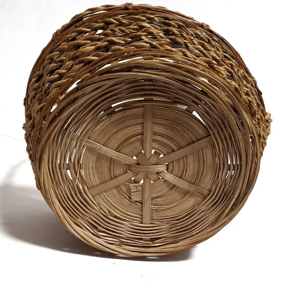 Wicker Braided Tall Handle Basket Two Tone Boho‎
